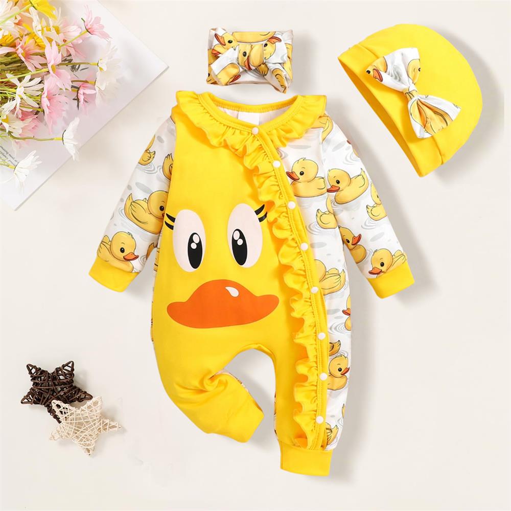 3PCS Little Yellow Duck Print Long Sleeve Baby Girl Jumpsuit