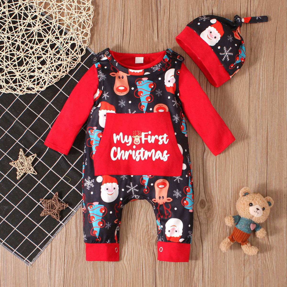 2PCS My First Christmas Letter Santa and Reindeer Print Baby Jumpsuit