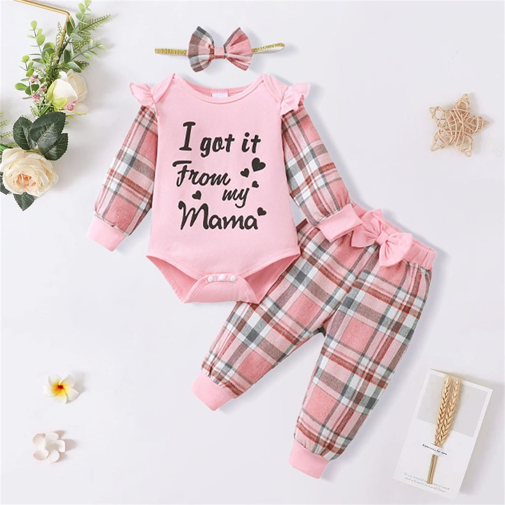 3PCS I Got It From My Mama Letter Print Plaid Baby Girl Set