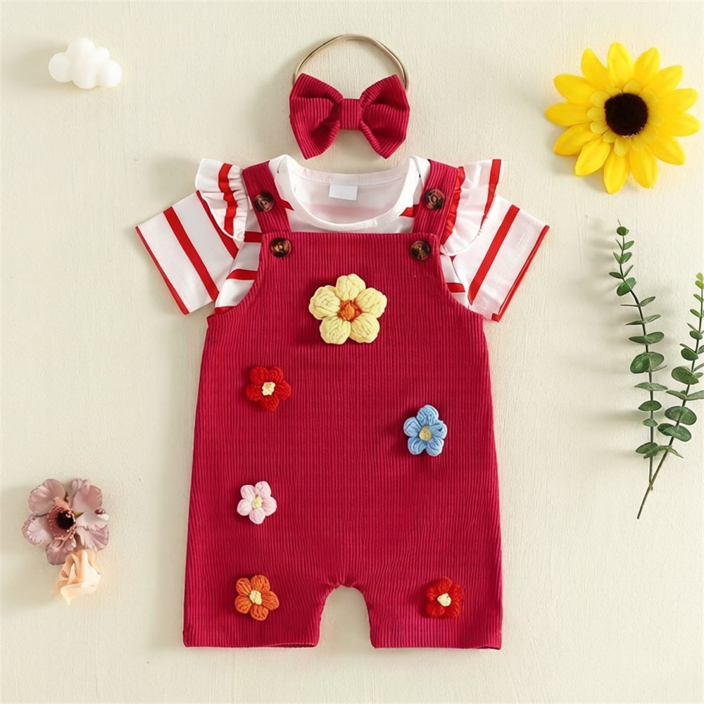 3PCS 3D Floral Embroidery Striped Short Sleeve Baby Overalls Set