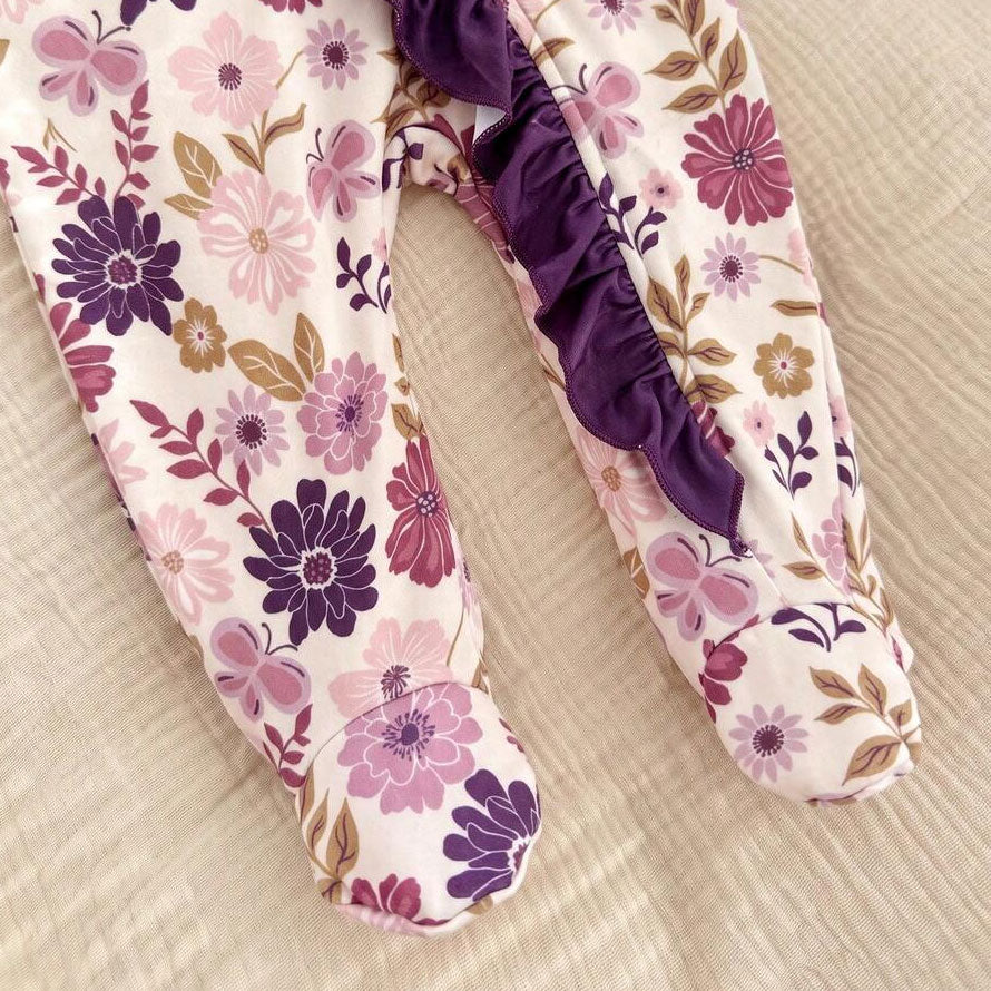 2PCS Chic Floral Printed Ruffle Zipper Long Sleeve Baby Jumpsuit