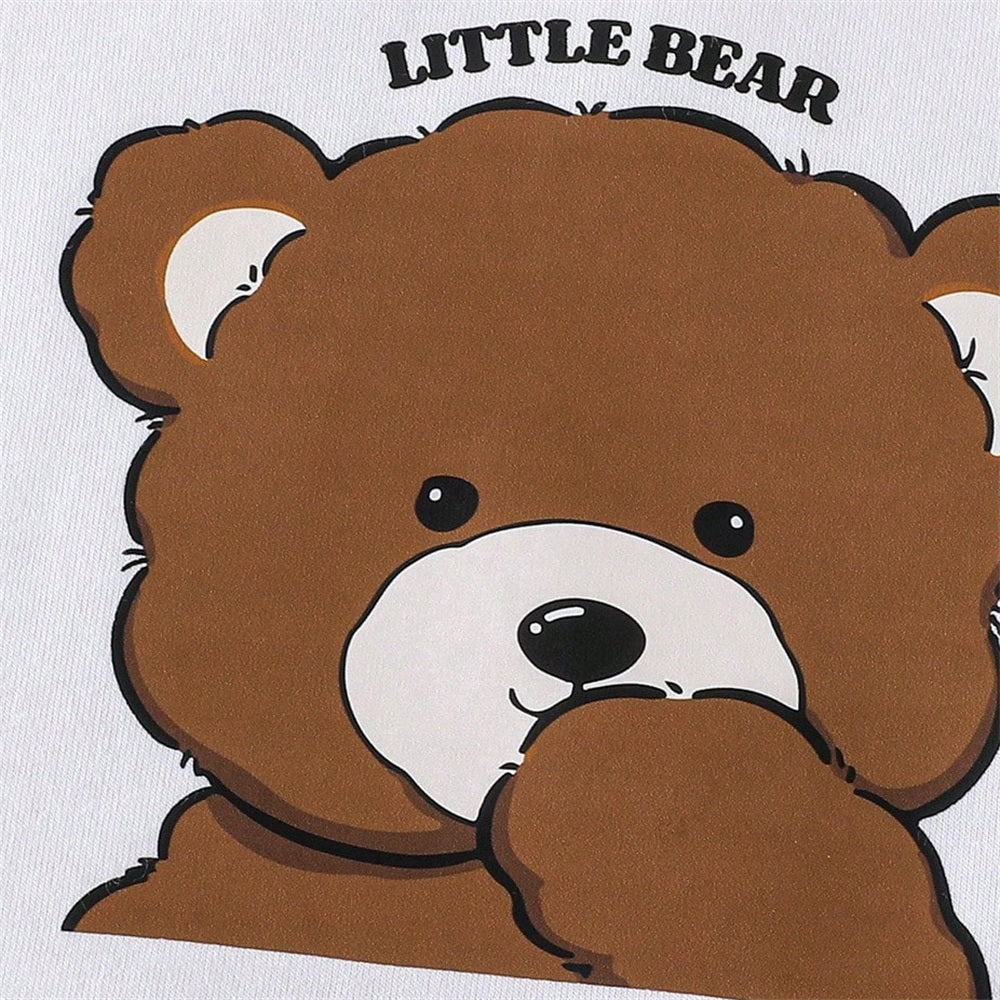 2PCS Cute Cartoon Bear Printed Short Sleeve Baby Overalls Set