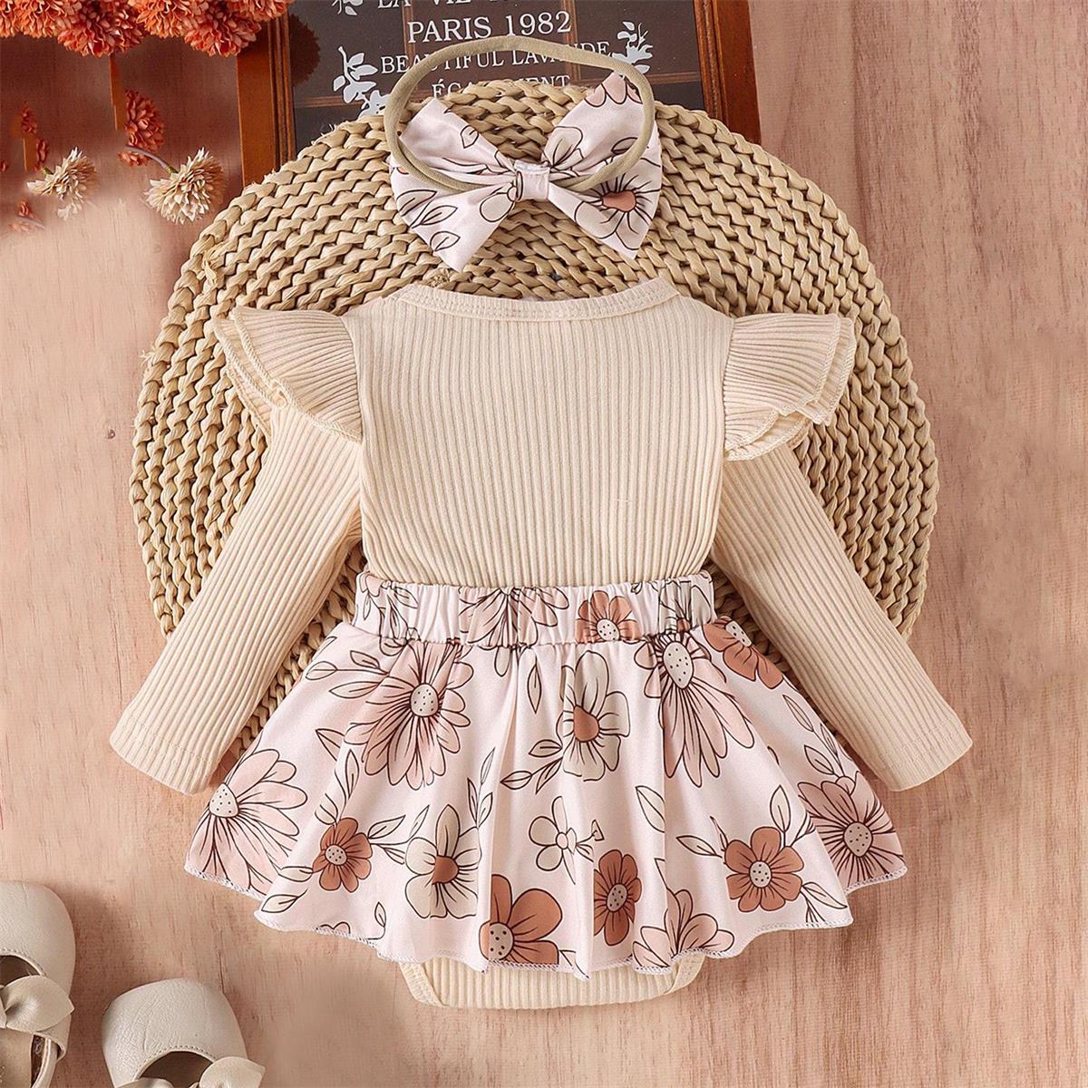 2PCS Pretty Floral Printed Long Sleeve Baby Girl Romper