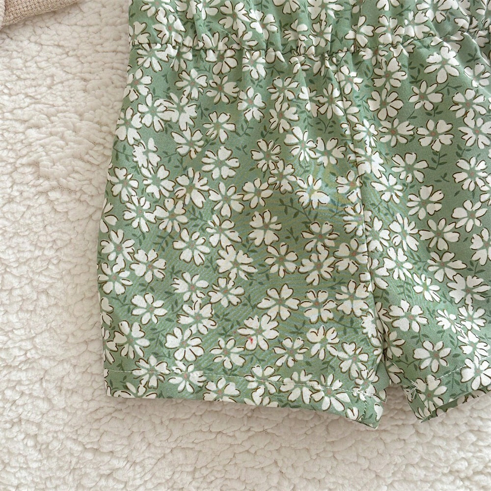 2PCS Trend Floral Printed Sleeveless Baby Jumpsuit