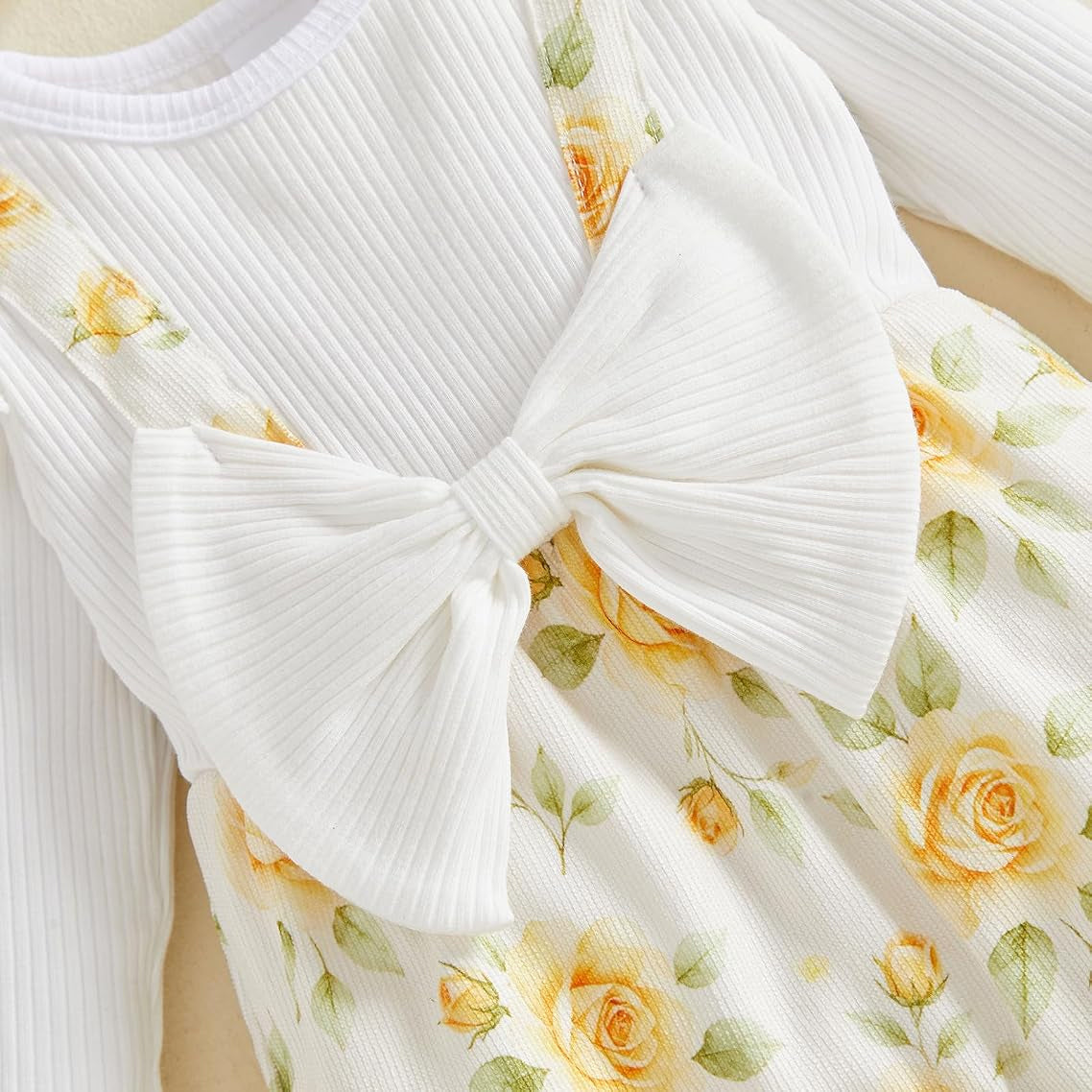 2PCS Cute Baby Girl Floral Printed Faux Two Piece Long Sleeve Jumpsuit