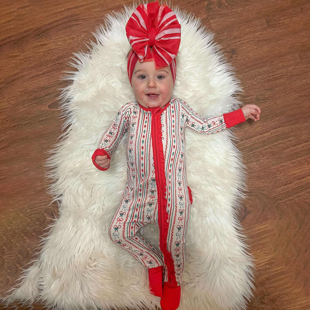 Christmas Tree Branches Bow Printed Ruffles Zipper Baby Jumpsuit