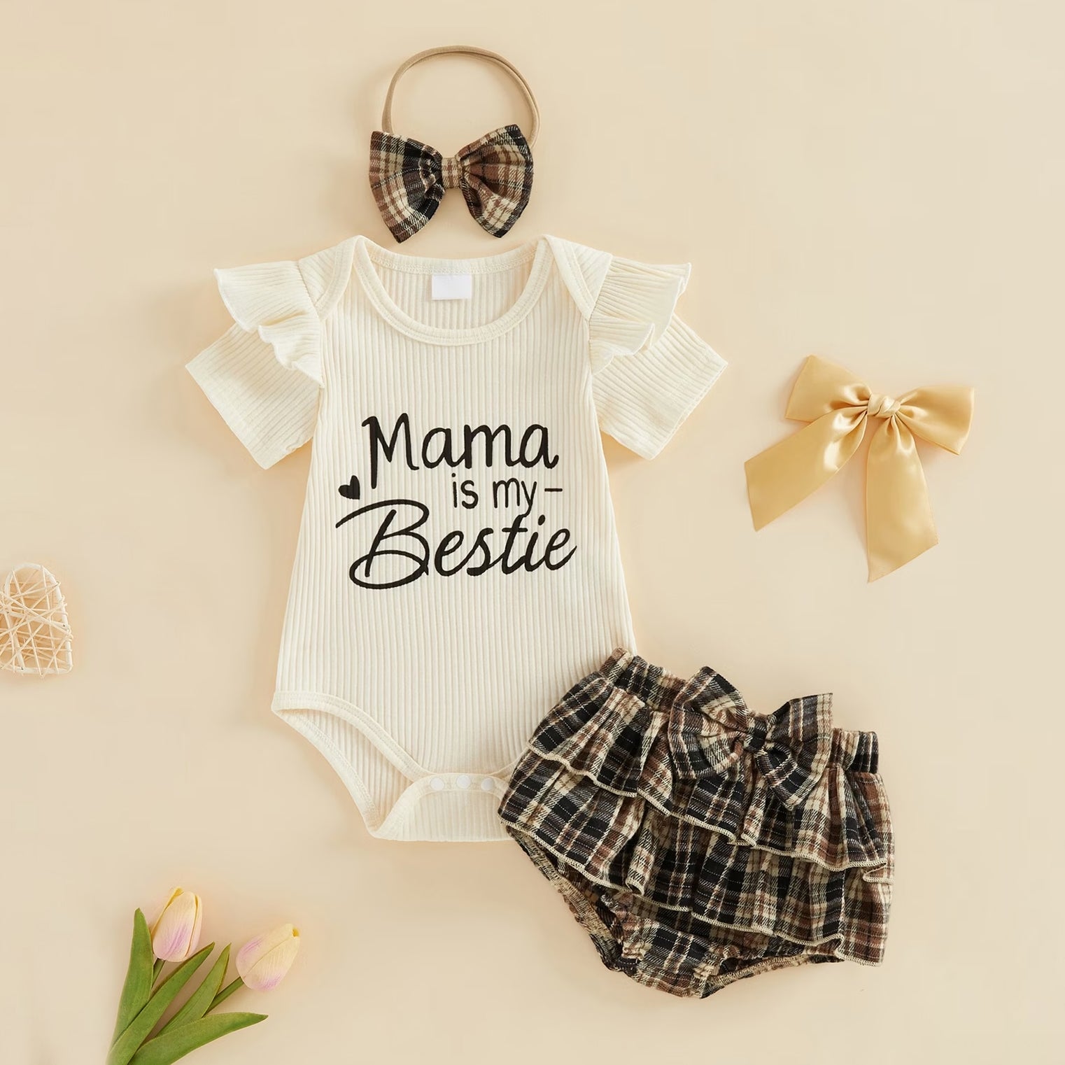 3PCS Mama Is My Bestie Letter Plaid Print Short Sleeve Baby Set