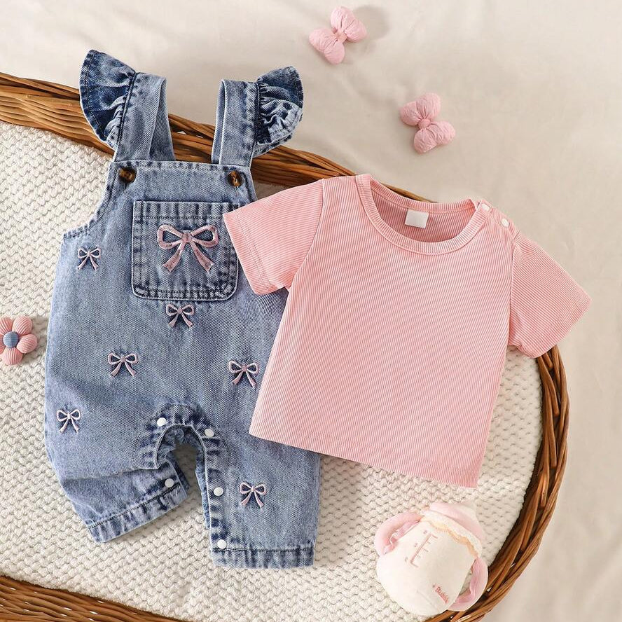 2PCS Bowknot Embroidery Denim Overalls Baby Set
