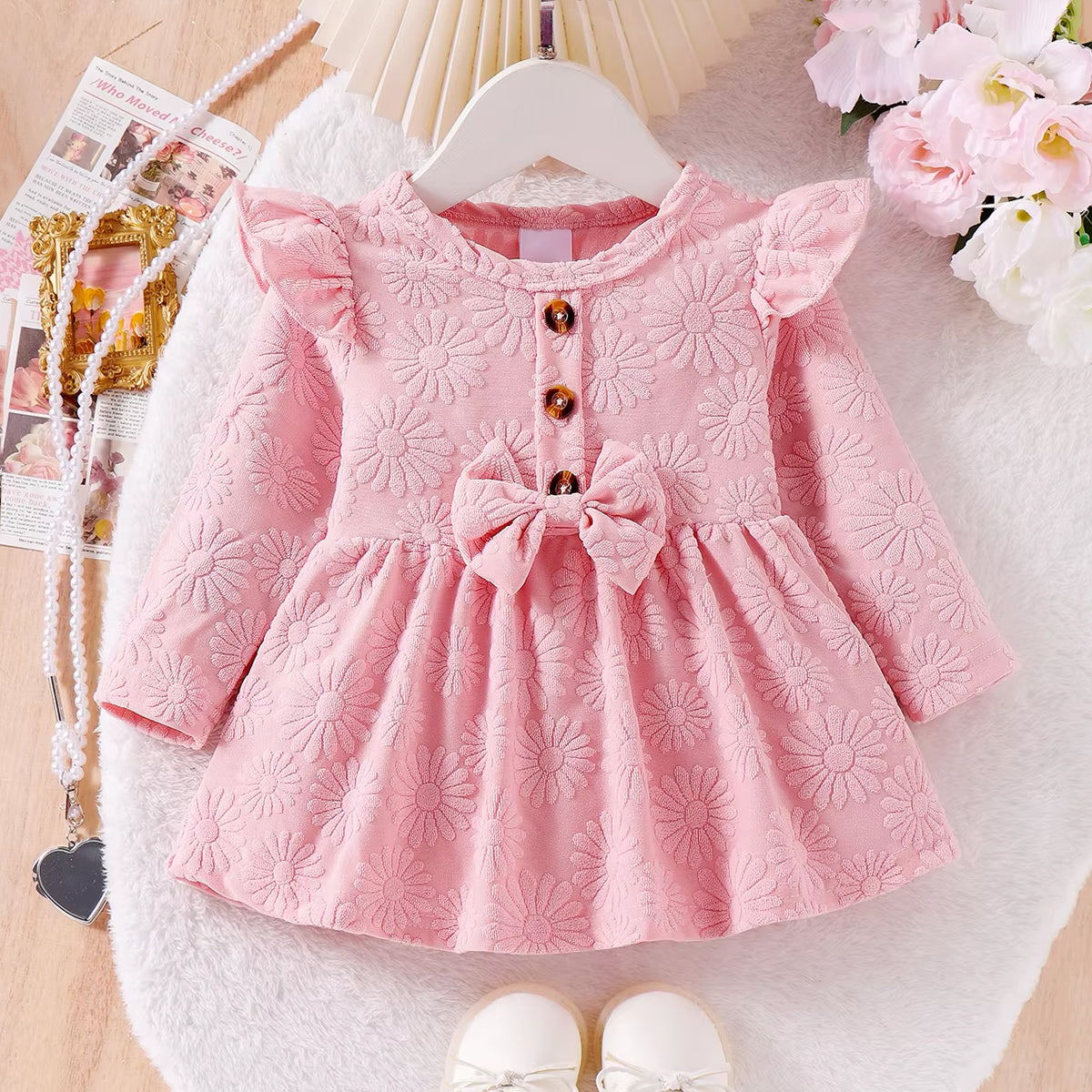 Stylish Solid Color Floral Embroidery Bow Long Sleeve Baby Dress