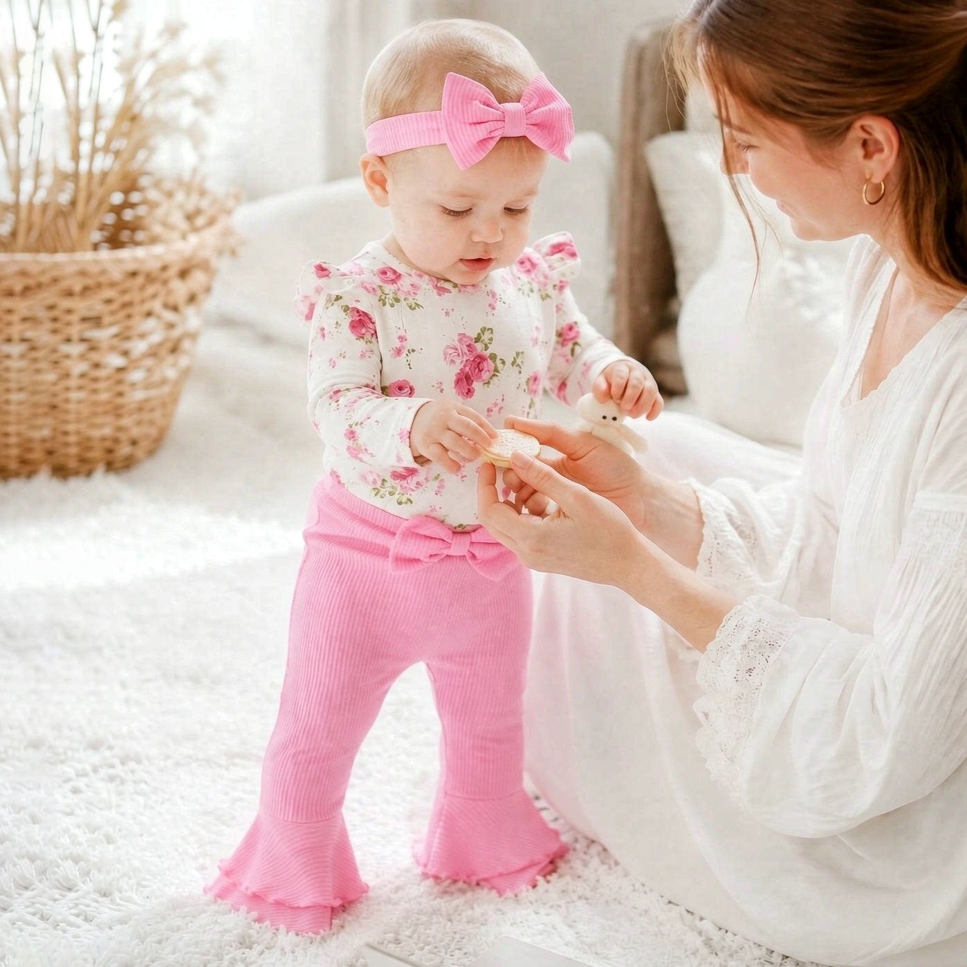 4PCS Pretty Floral Printed Bow Long Sleeve Baby Girl Set