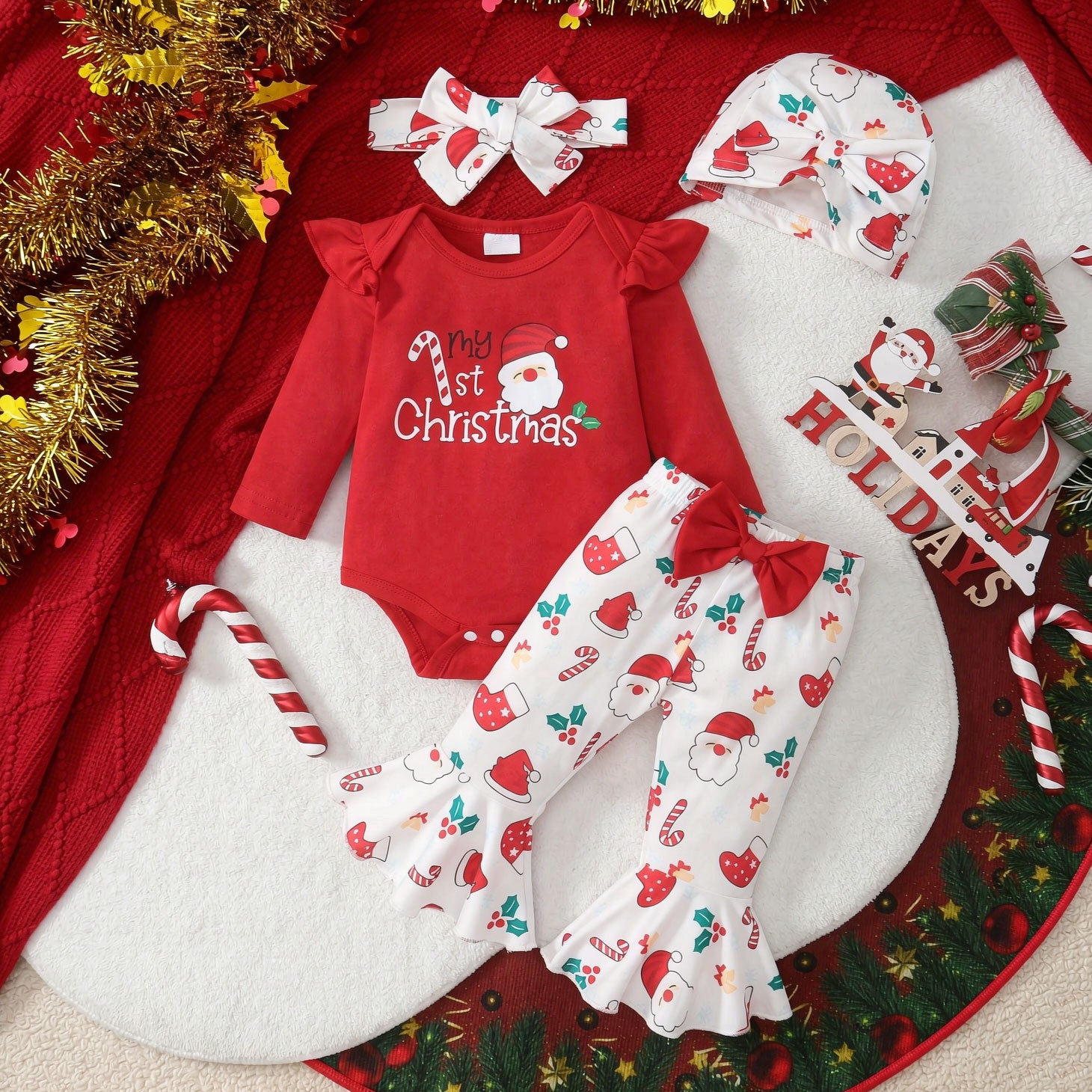 4PCS My 1st Christmas Letter Santa Claus Print Long Sleeve Baby Girl Set