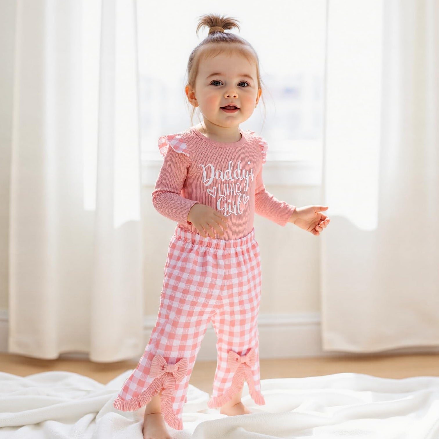 3PCS Daddy's Little Girl Letter Plaid Printed Baby Set