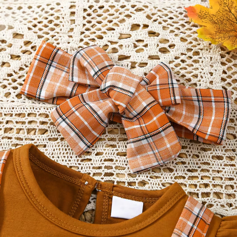 2PCS Thanksgiving Turkey Applique Plaid Printed Long Sleeve Baby Romper
