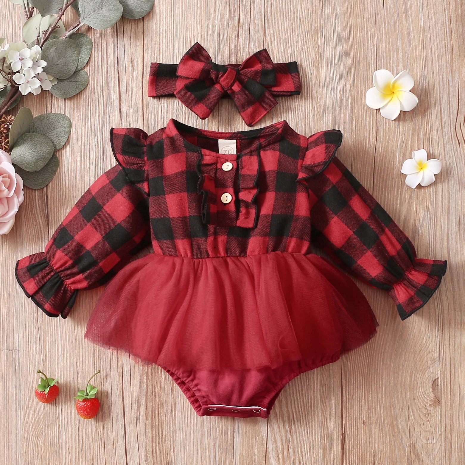 2PCS Trendy Christmas Plaid Printed Long Sleeve Baby Romper