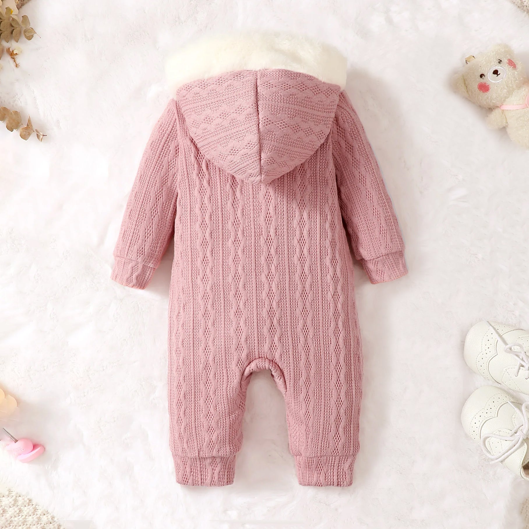 Casual Solid Color Twist Knit Hoodie Baby Jumpsuit