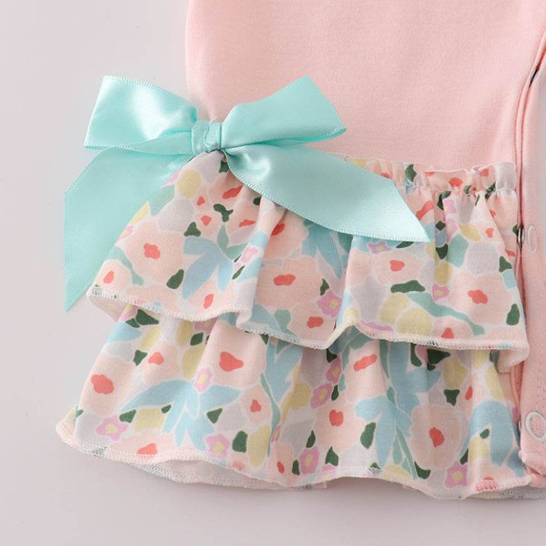 Sweet Floral Bow Print Long Sleeve Baby Jumpsuit