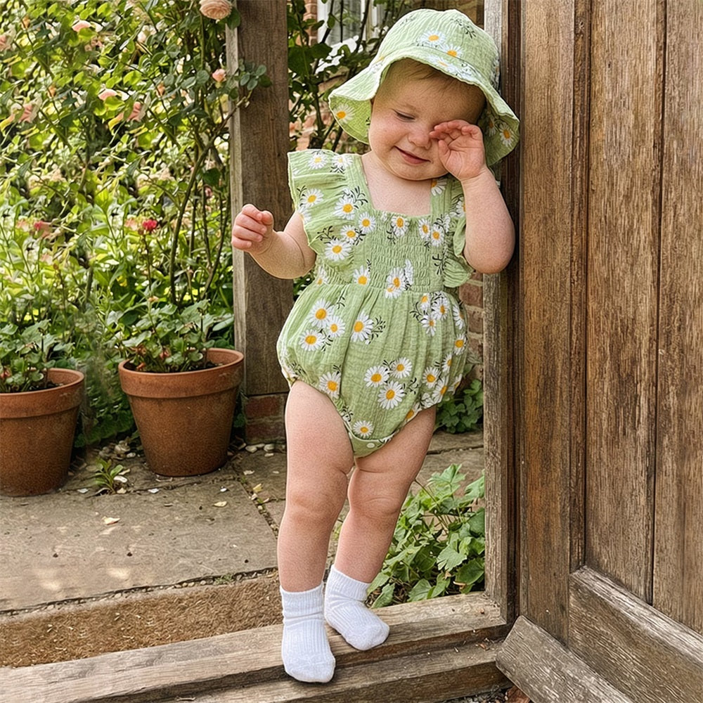 2PCS Cute Daisy Printed Fly Sleeve Baby Romper
