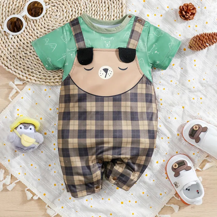 Cute Cartoon Plaid Bear Printed Short Sleeve Baby Jumpsuit