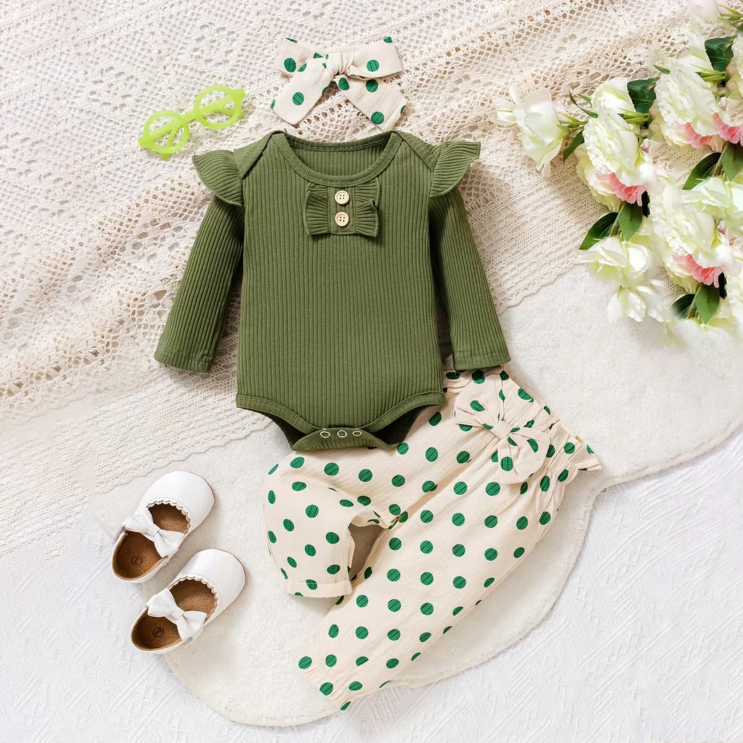 3PCS Pretty Polka Dots Printed Long Sleeve Baby Set