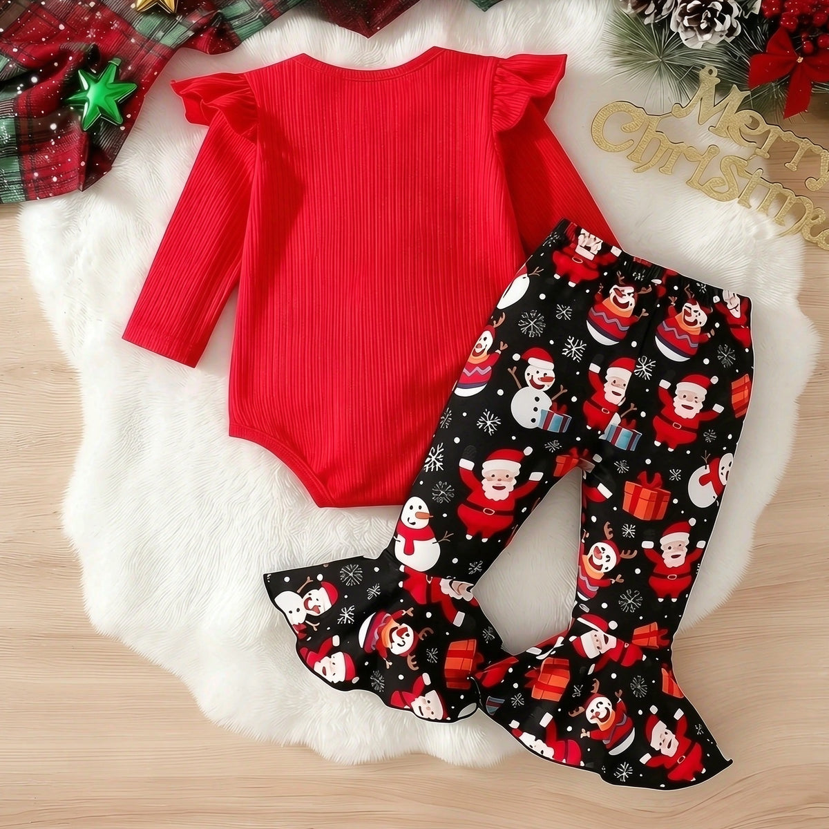 2PCS My 1st Christmas Letter Santa Snowman Printed Baby Girl Set