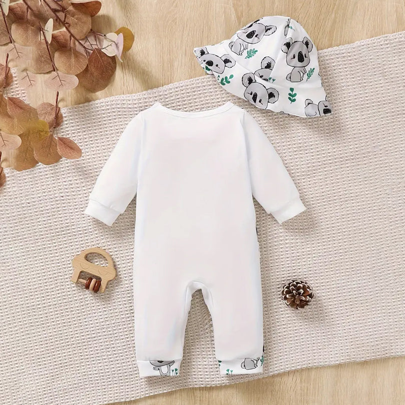 2PCS Casual Koala Printed Faux Two Piece Long Sleeve Baby Jumpsuit