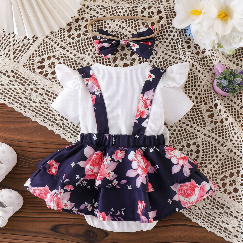 3PCS Sweet Floral Print Bow Short Sleeve Baby Set