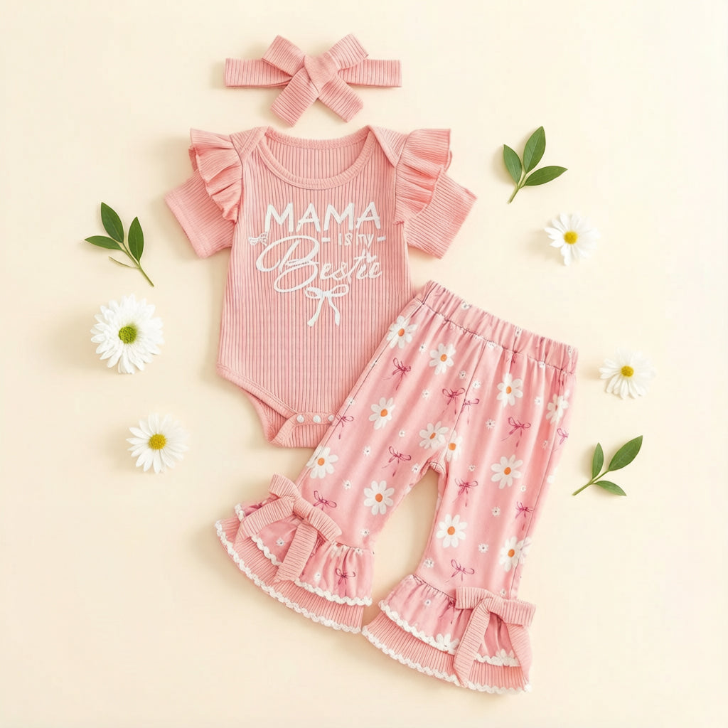 3PCS Mama is My Bestie Letter Floral Printed Baby Set