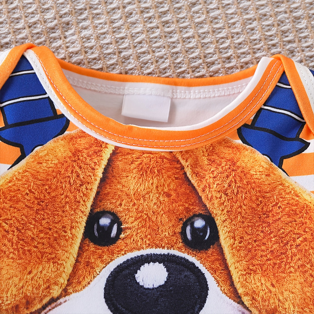Lovely Cartoon Pet Puppy & Stripe Print Long Sleeve Baby Jumpsuit