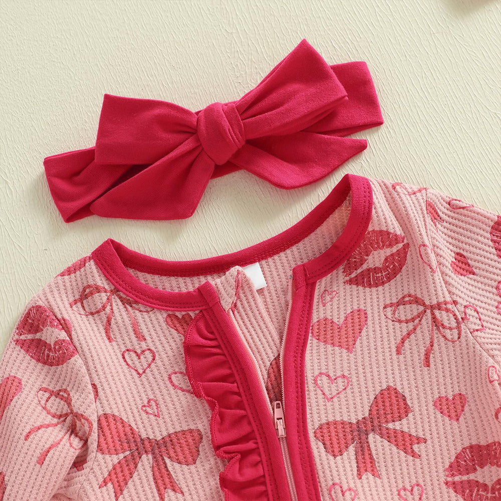 2PCS Christmas Bowknot Heart Printed Long Sleeve Zipper Baby Jumpsuit