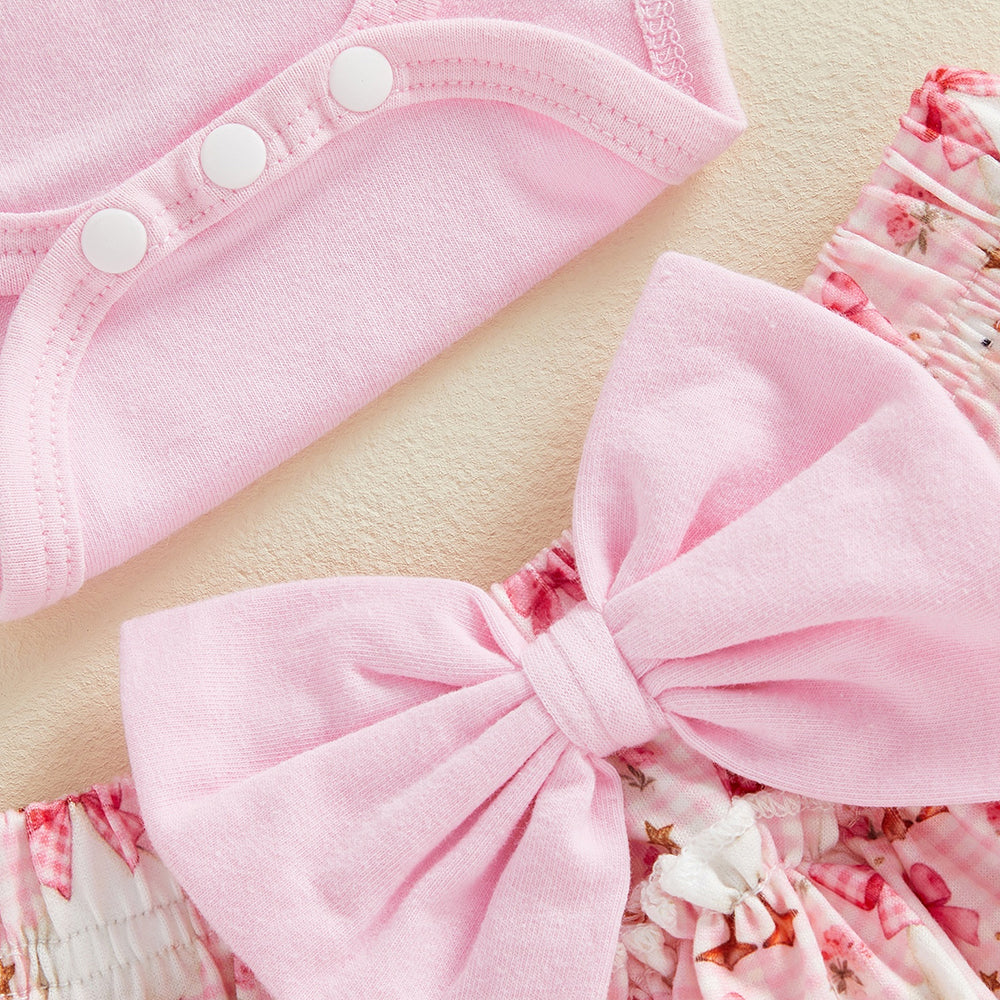 3PCS Duck Embroidery Bow Printed Long Sleeve Baby Girl Set