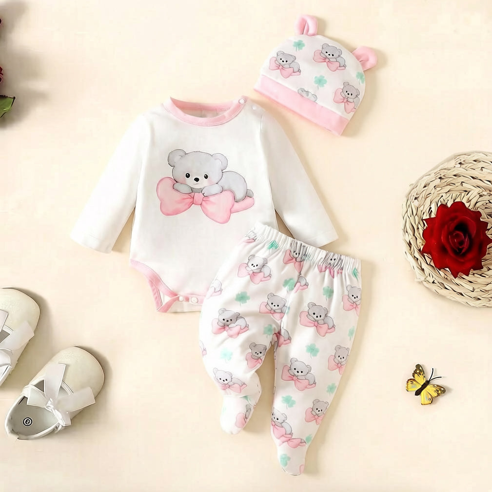 3PCS Lovely Bow Bear and Clover Print Long Sleeve Baby Set