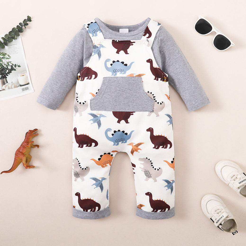 2PCS Cute Dinosaur Printed Long Sleeve Overalls Baby Set