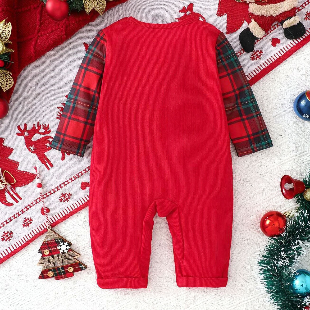 Christmas Trees Plaid Printed Long Sleeve Baby Jumpsuit