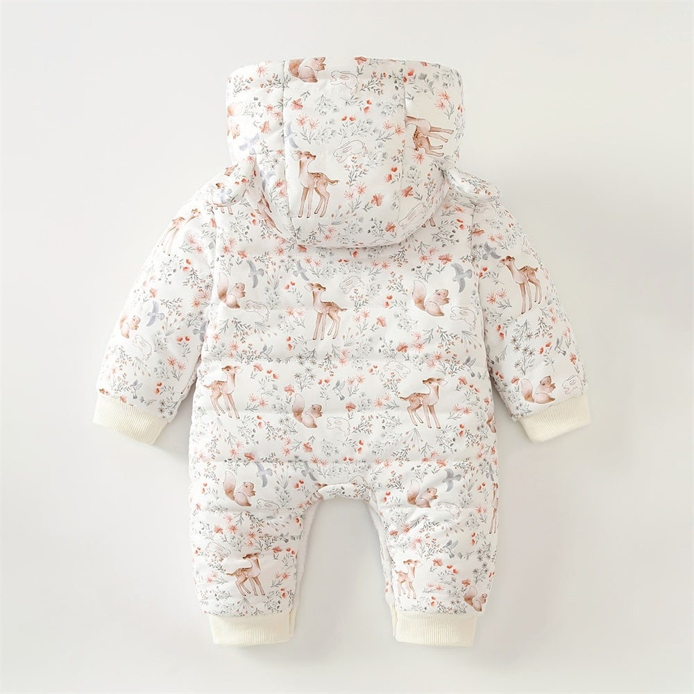 Winter Animal Print Long Sleeve Plush Hooded Jumpsuit