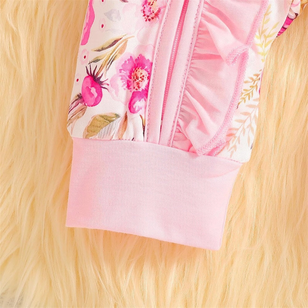 3PCS Sweet Floral Print Frill Long Sleeve Baby Jumpsuit