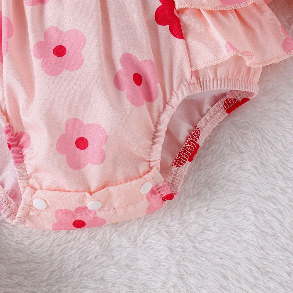 2PCS Adorable Floral Printed Bow Baby Girl Romper