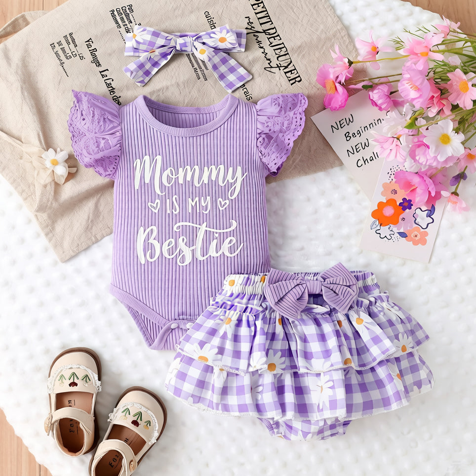 3PCS Mama is My Bestie Letter Plaid Floral Print Baby Set