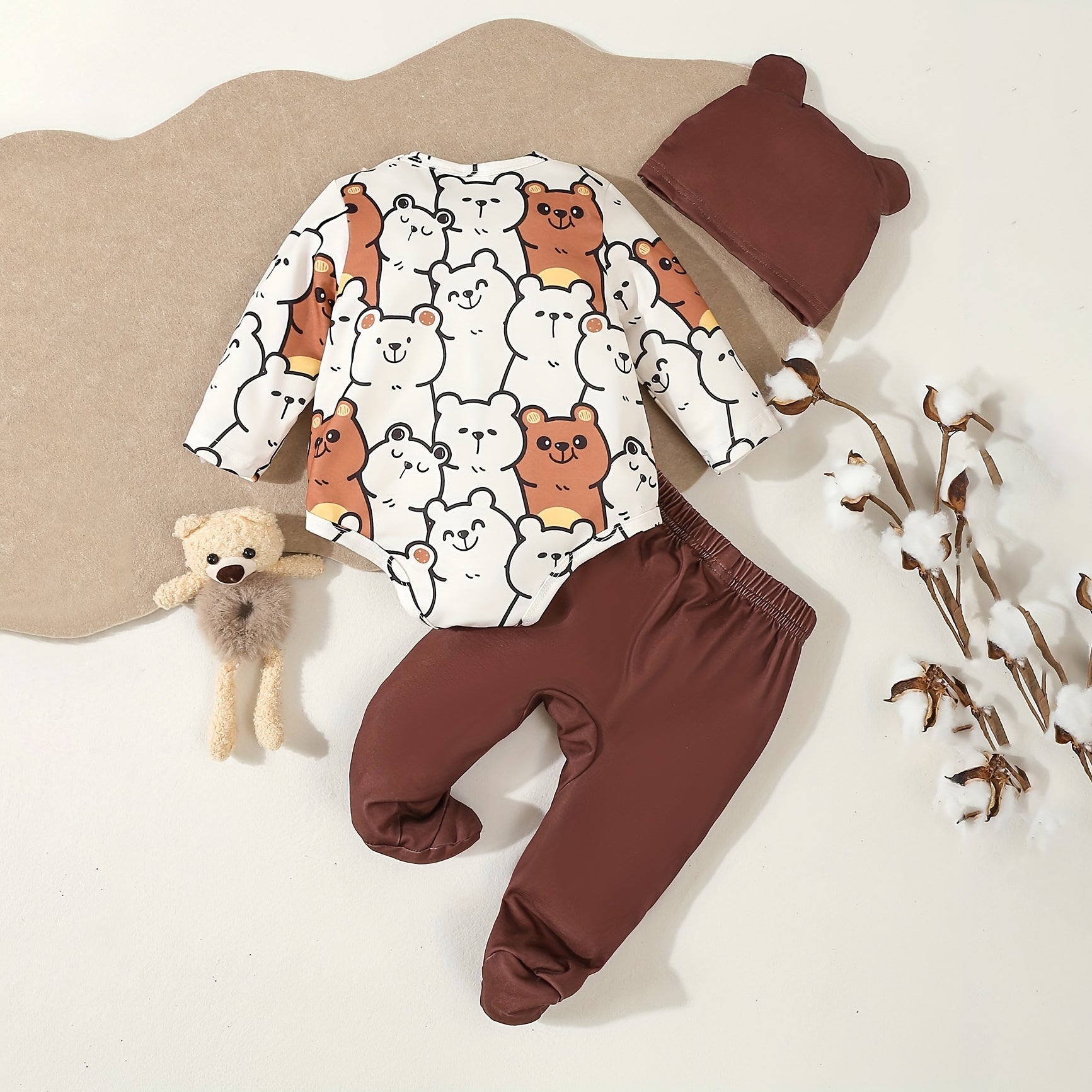 3PCS Adorable Cartoon Bear Printed Long Sleeve Baby Set