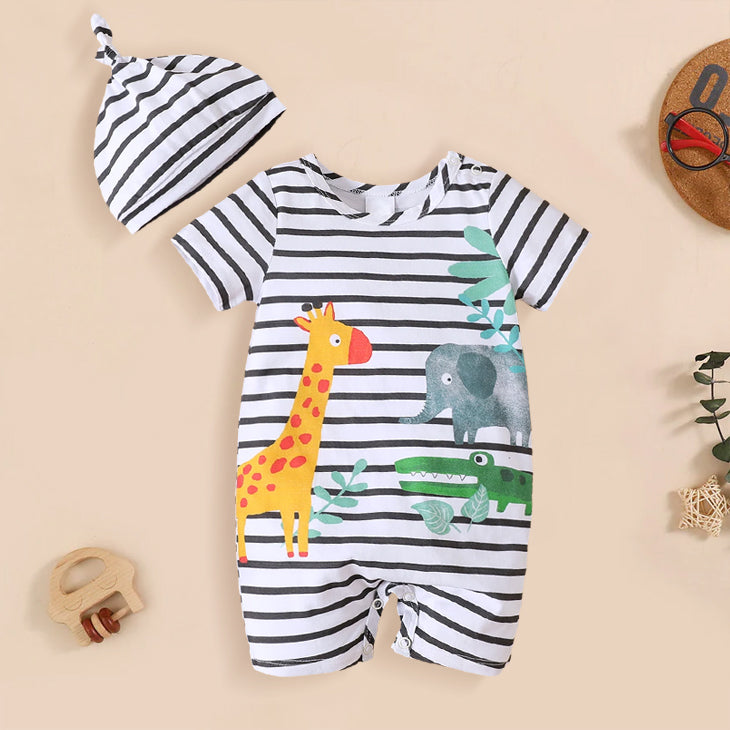 2PCS Cute Stripe Animal Printed Short Sleeve Baby Jumpsuit