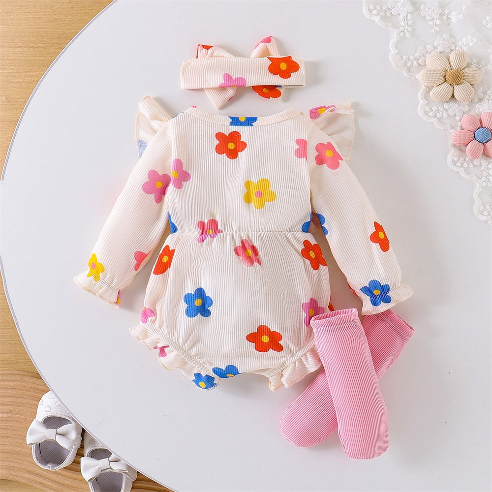 3PCS Refined Floral Printed Bow Baby Girl Romper