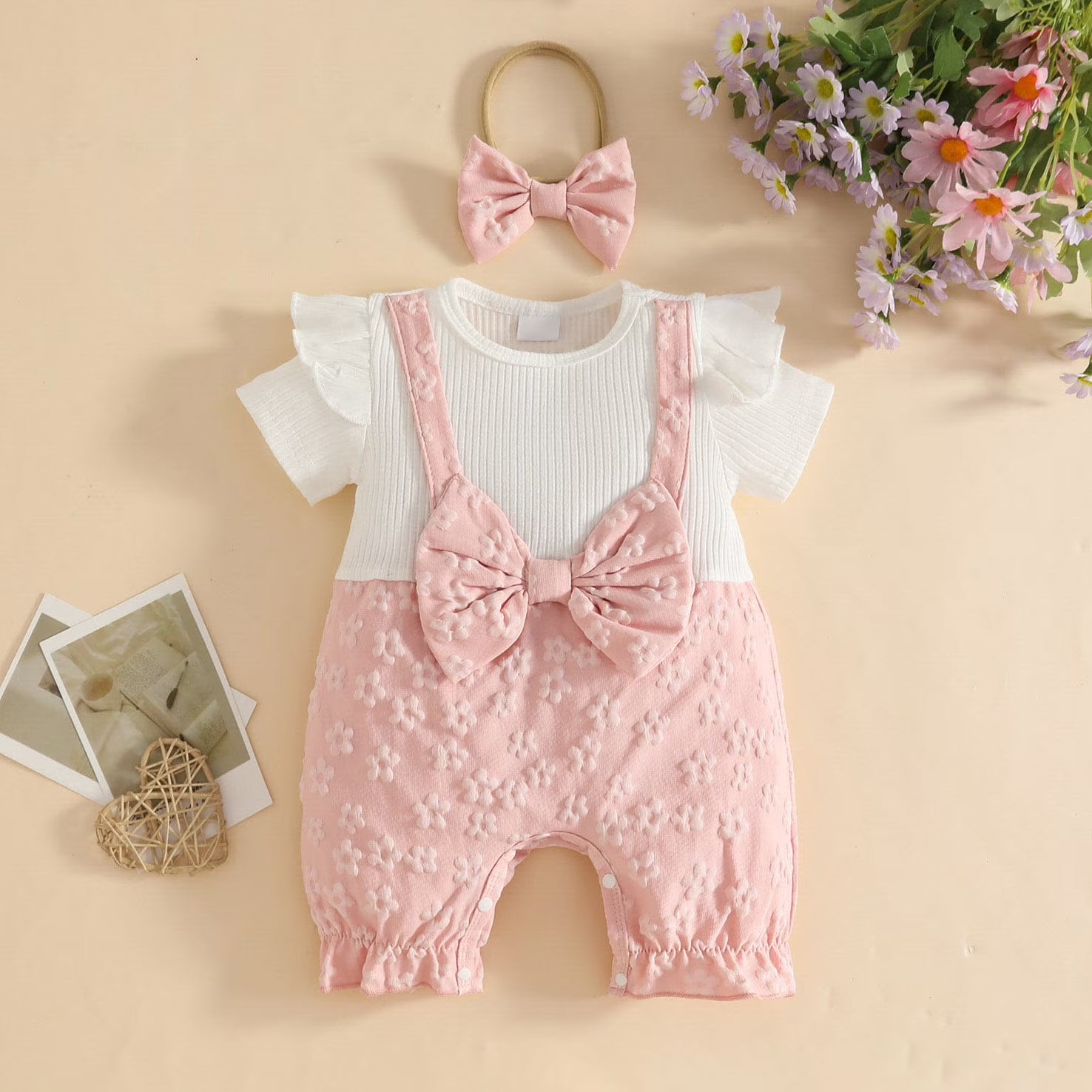 2PCS Pretty 3D Floral Embossing Short Sleeve Baby Jumpsuit