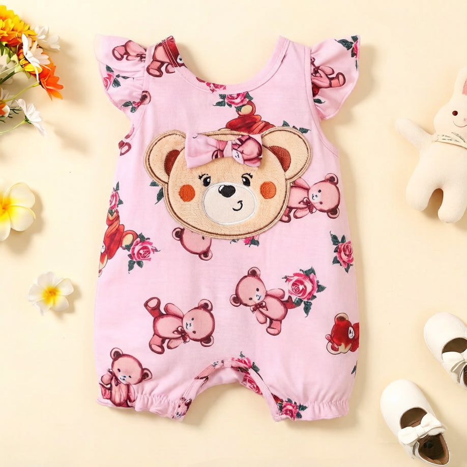 Cheerful Bear Floral Print Flounce Sleeve Baby Jumpsuit