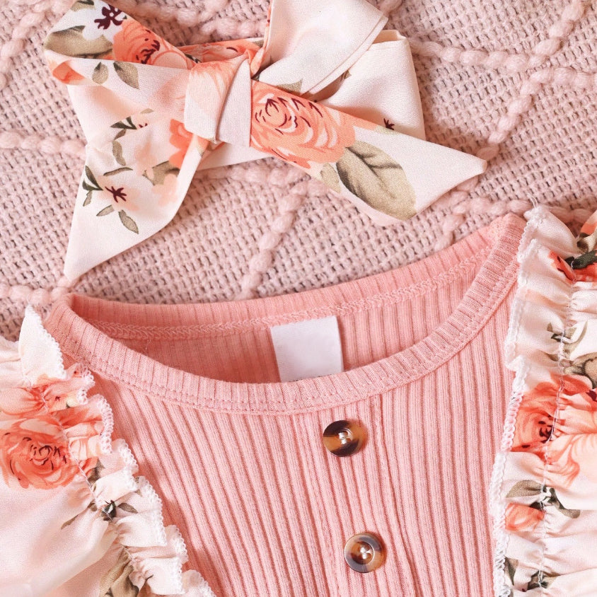 2PCS Lively Floral Printed Ruffle Baby Jumpsuit