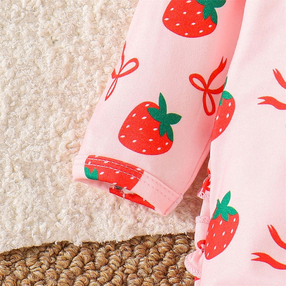 2PCS Cute Strawberry Printed Frill Long Sleeve Baby Jumpsuit