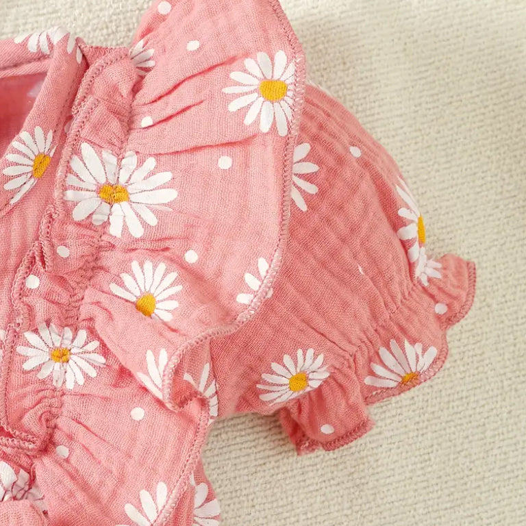 2PCS Cute Daisy Print Bow Short Sleeve Baby Jumpsuit