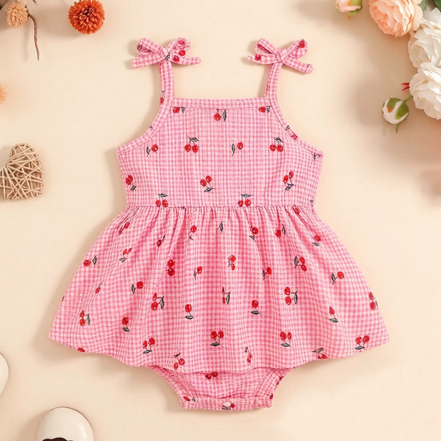 Vibrant Cute Cherry & Plaid Print Sleeveless Baby Romper