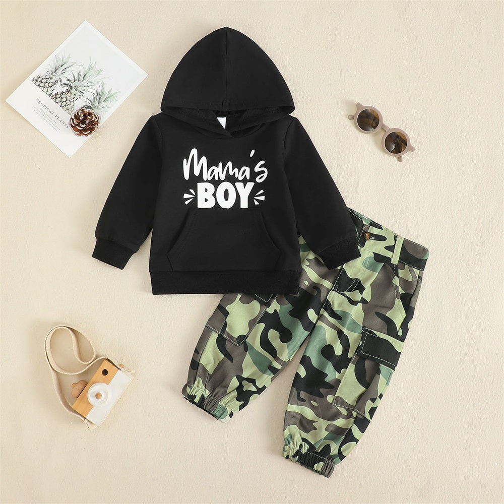 2PCS Mama's Boy Letter Print Camouflage Baby Hooded Set
