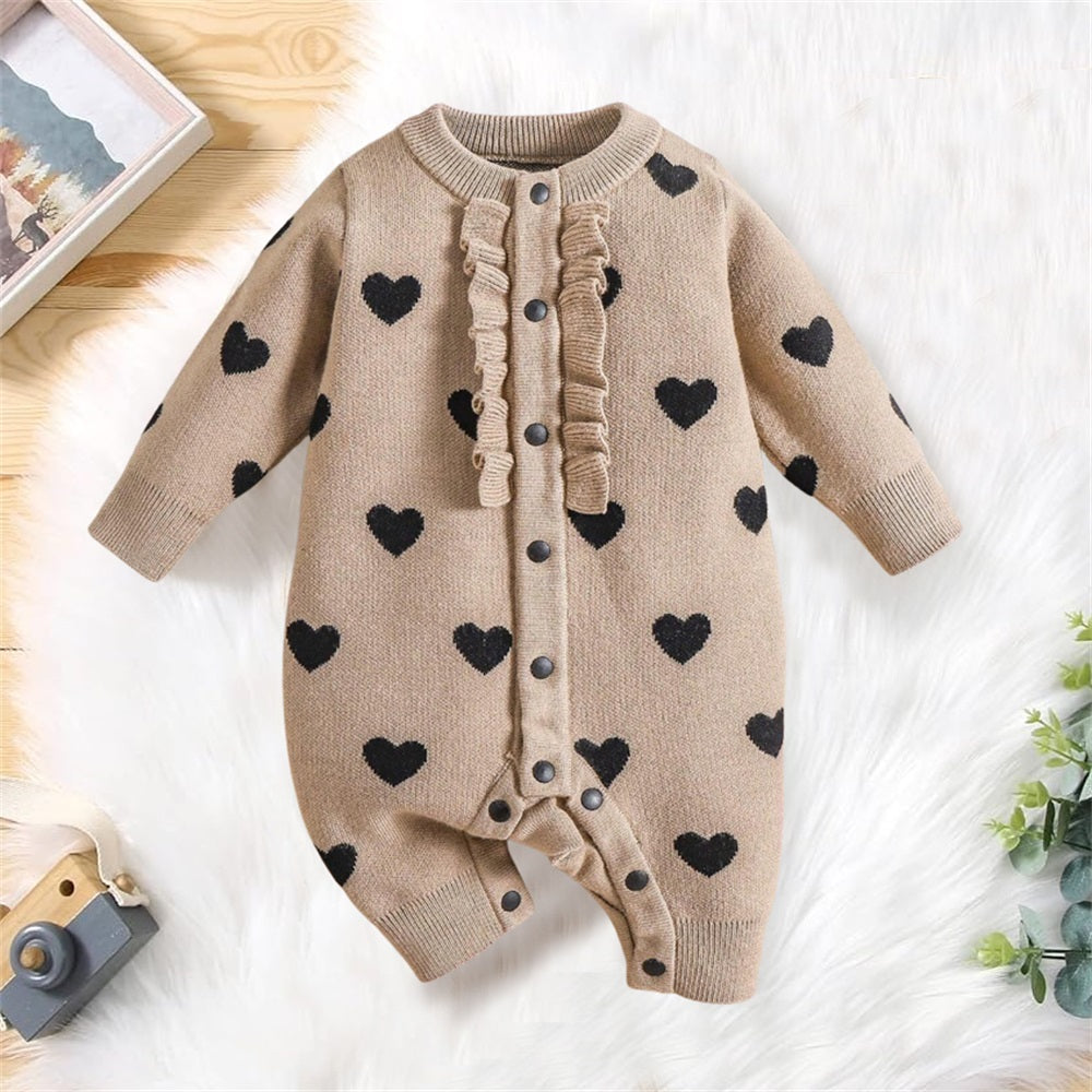 Fashionable Knitted Heart Print Long Sleeve Baby Jumpsuit