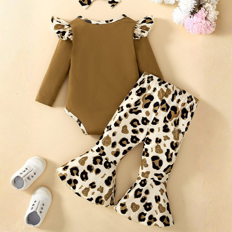 3PCS LOVE Letter Print Leopard Long Sleeve Baby Set