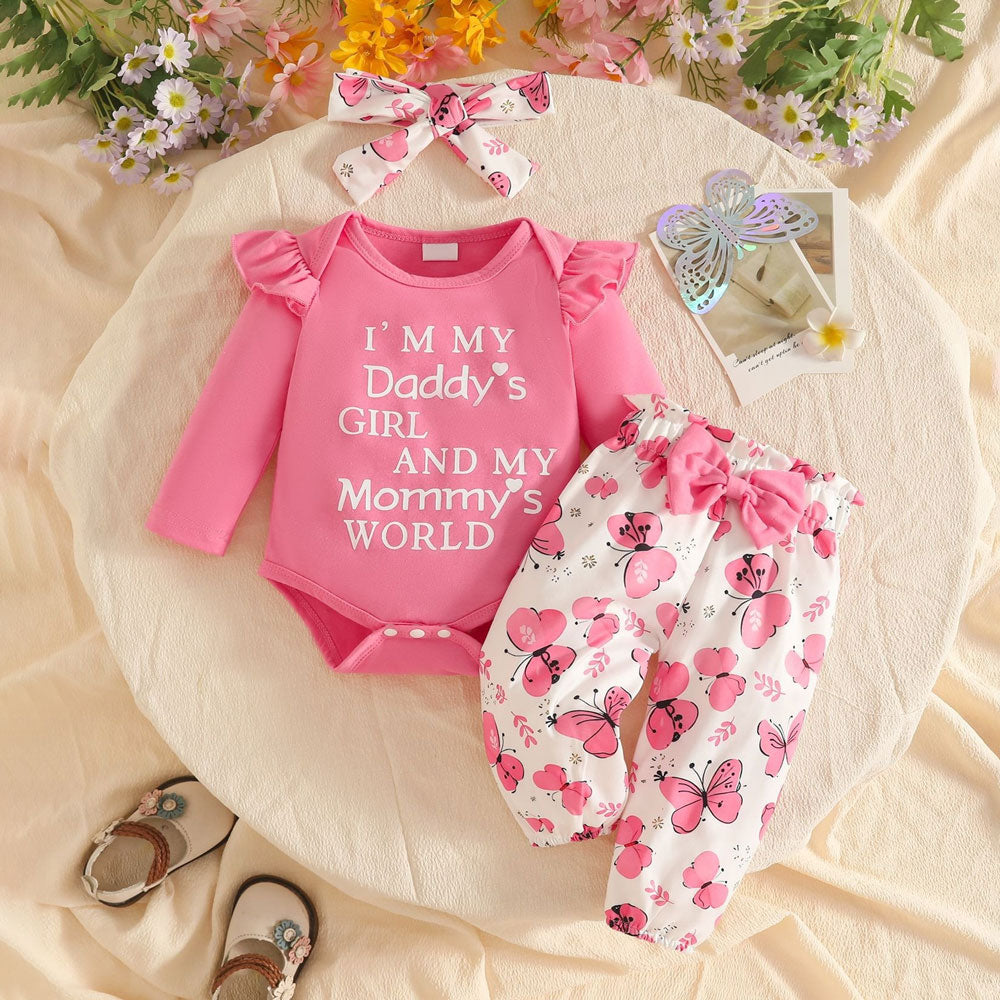 3PCS Daddy's Girl Mommy's World Letter Butterfly Print Baby Set